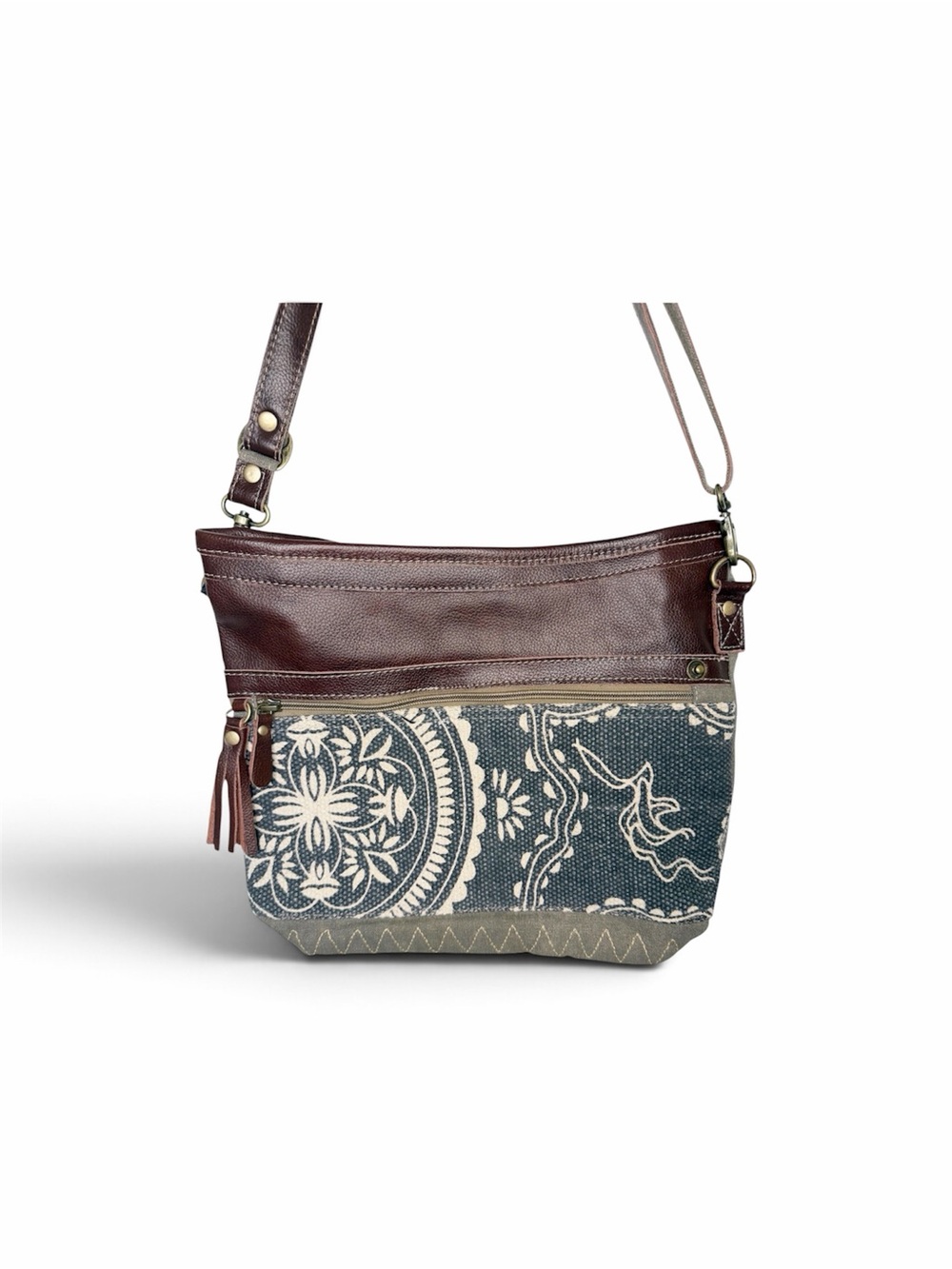 Women’s Brown Leather and Rug Floral Pattern Crossbody Bag